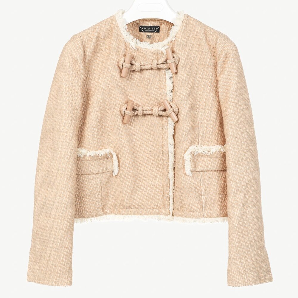 Twinset Taupe Cotton-Blend Tweed Frog-Fastener Jacket